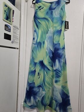 Ronni Nicole Blue and Lime Green Watercolor Maxi Dress